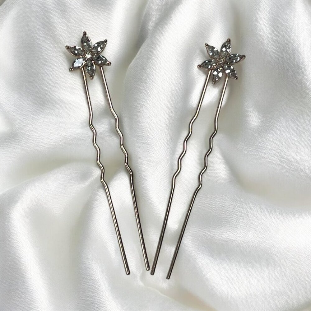 Gold Tone Hair Pins w/ Rhinestone Floral Accent 3 inches Set of 2